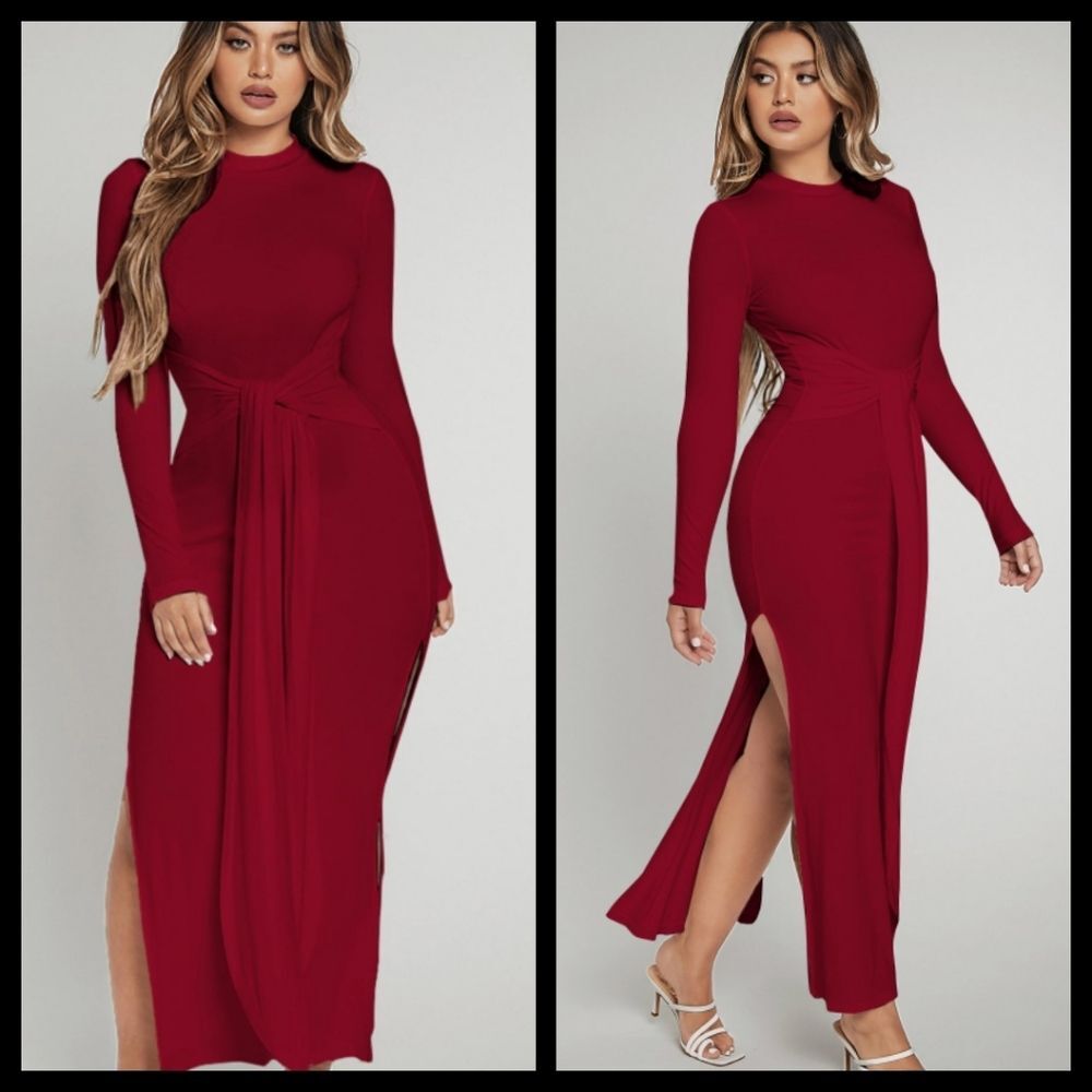 Red Ribbed Tie Front Long Sleeve Viscose Bodycon Maxi Dress Small NWT
